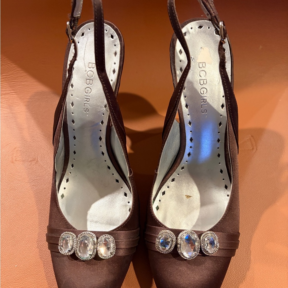 BCBGirls Chocolate Slingback Heels with Crystal Accents